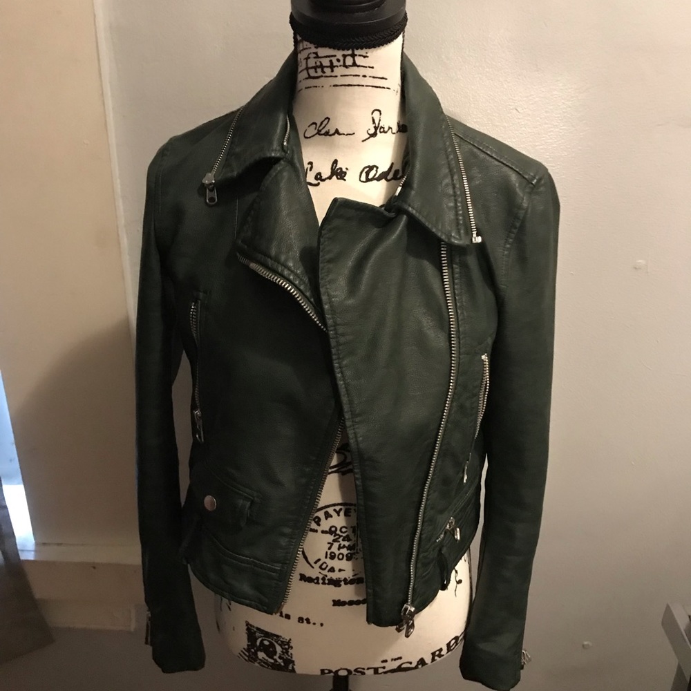 Zara green leather cropped moto jacket.